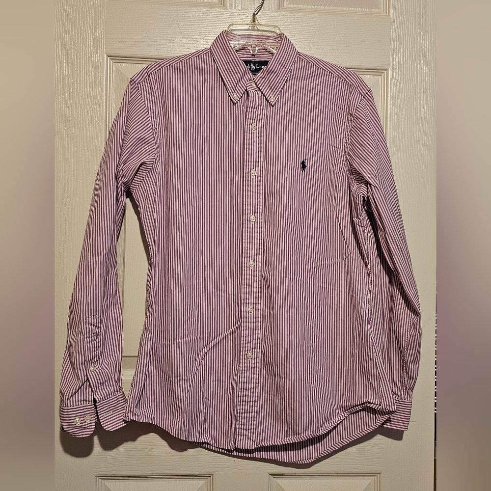 Ralph Lauren Purplr and White Striped Button Down Shirt Sz 16 34/35